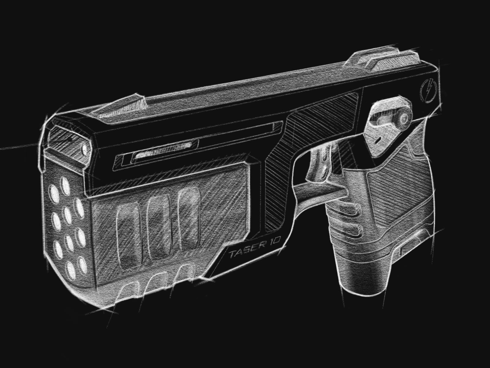 A white pencil design sketch of the TASER 10 energy weapon on black.