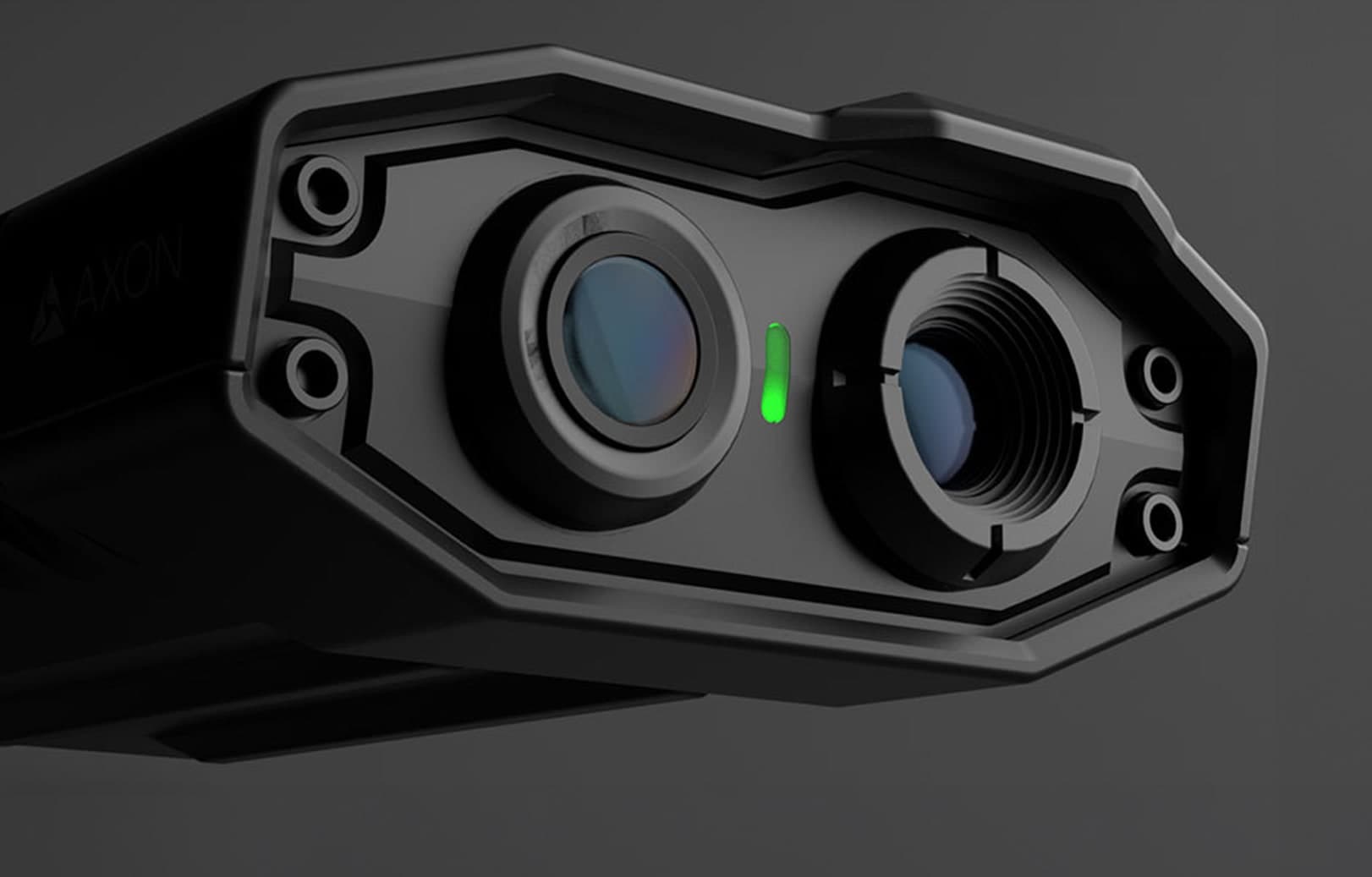 The dual-view front camera of the Axon Fleet 3 in-car video system, close up